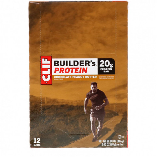 Clif Bar, Протеиновый батончик Builder's с шоколадом и арахисовым маслом, 12 батончиков, весом 68 г (2,4 унции) каждый