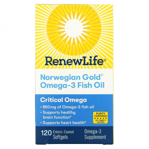 Renew Life, Рыбий жир с омега-3 Norwegian Gold, 850 мг, 120 капсул с кишечнорастворимой оболочкой