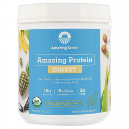 Amazing Grass, Amazing Protein, «Здоровое пищеварение», 5 млрд КОЕ, со вкусом таитянской ванили, 375 г