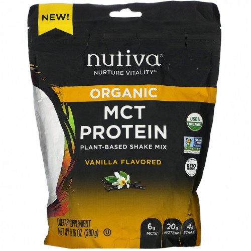 Nutiva, Organic MCT Protein, смесь коктейлей на растительной основе, ваниль, 390 г (13,76 унции)