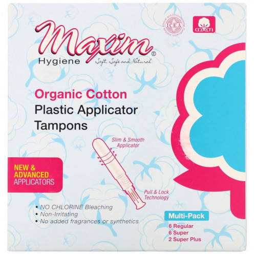 Maxim Hygiene Products, Тампоны с пластиковым аппликатором из органического хлопка, мультиупаковка, 14 шт.