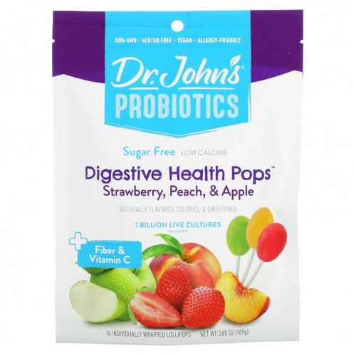 Dr. John's Healthy Sweets, Пробиотики, леденцы для здоровья пищеварительной системы, с клетчаткой и витамином C, клубника, персик и яблоко, без сахара, 1 миллиард, 14 леденцов на палочке в индивидуальной упаковке, 109 г (3,85 унции)