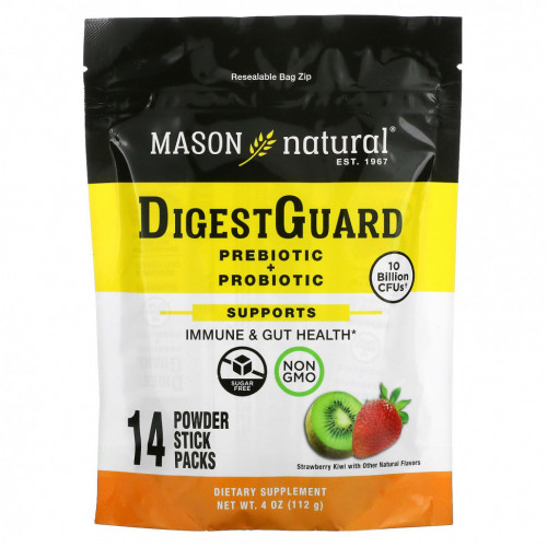 Mason Natural, DigestGuard, пребиотик и пробиотик, клубника и киви, 14 пакетиков в виде порошка