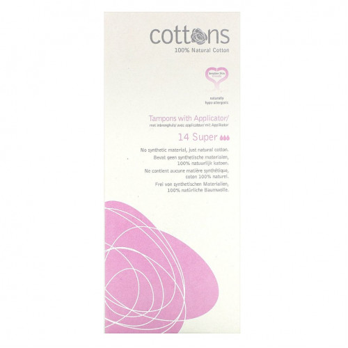 Cottons, 100% натуральный хлопок, тампоны с аппликатором, супер, 14 тампонов