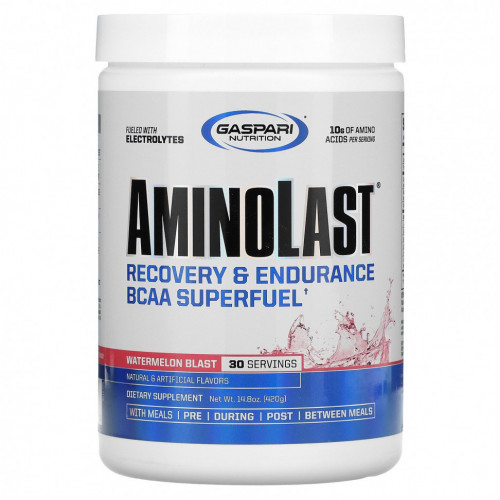 Gaspari Nutrition, Aminolast, восстановление и выносливость, супертопливо из аминокислот с разветвленной цепью, арбузный взрыв, 420 г