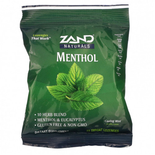 Zand, Naturals, ментол, охлаждающая мята, 15 пастилок для горла