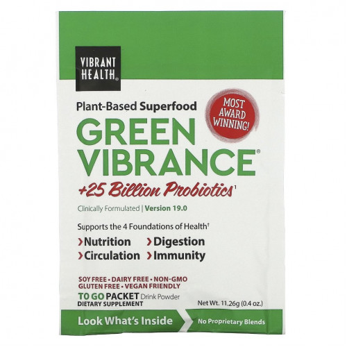 Vibrant Health, Green Vibrance +25 млрд пробиотиков, версия 19.0, 15 пакетиков, 168,9 г (5,96 унции)