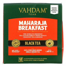 Vahdam Teas, магараджа, черный чай для завтрака, 15 чайных пакетиков, 30 г (1,06 унции)