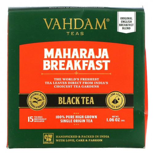 Vahdam Teas, магараджа, черный чай для завтрака, 15 чайных пакетиков, 30 г (1,06 унции)