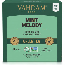 Vahdam Teas, зеленый чай, мелодия мяты, 15 чайных пакетиков, 30 г (1,06 унции)