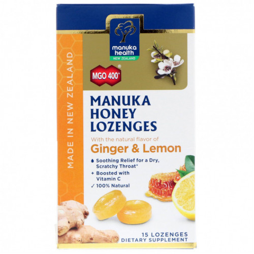 Manuka Health, Леденцы с медом Manuka, MGO 400+, имбирь и лимон, 15 леденцов