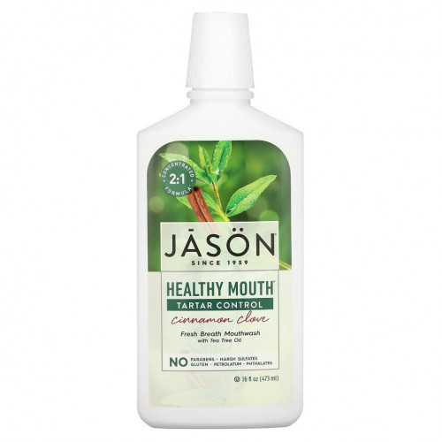 Jason Natural, Healthy Mouth, освежающая дыхание жидкость для полоскания рта, предотвращает образование зубного камня, корица и гвоздика, 473 мл (16 жидких унций)