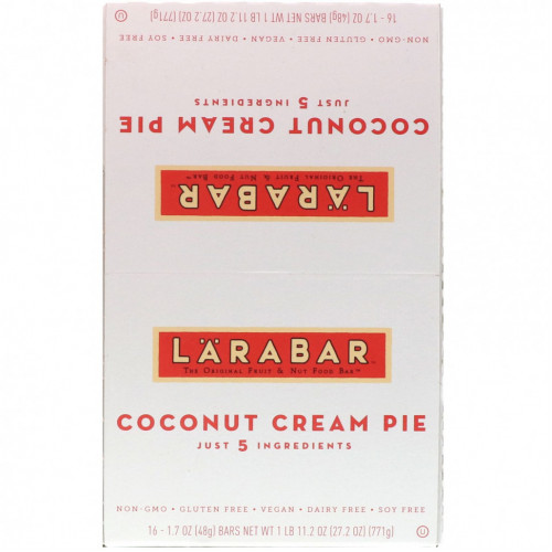 Larabar, The Original Fruit & Nut Food Bar, пирог с кокосовым кремом, 16 батончиков, 48 г (1,7 унции)