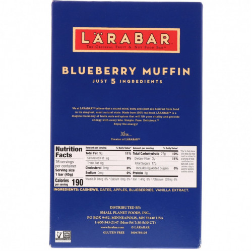 Larabar, The Original Fruit & Nut Food Bar, Черничный маффин, 16 батончиков по 1,6 унции (45 г) каждый