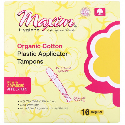 Maxim Hygiene Products, Тампоны с пластиковым аппликатором из органического хлопка, обычные, 16 шт.