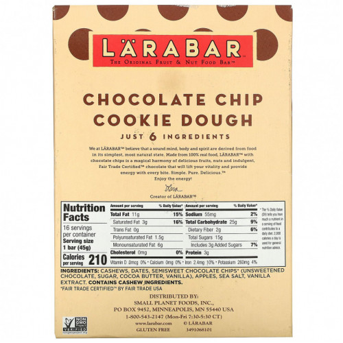 Larabar, The Original Fruit & Nut Food Bar, Тесто для шоколадного печенья, 16 батончиков по 1,6 унции (45 г) каждый