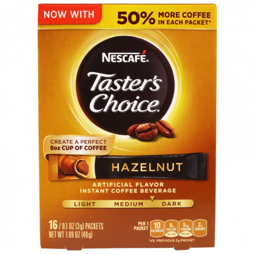 Nescaf?, Taster's Choice, растворимый кофейный напиток, фундук, средней / темной обжарки, 16 пакетиков по 3 г (0,1 унции)