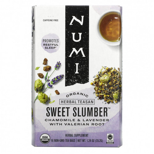 Numi Tea, Organic Herbal Teasan, Sweet Slumber, без кофеина, 16 чайных пакетиков, 35,2 г (1,24 унции)