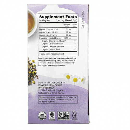 Numi Tea, Organic Herbal Teasan, Sweet Slumber, без кофеина, 16 чайных пакетиков, 35,2 г (1,24 унции)