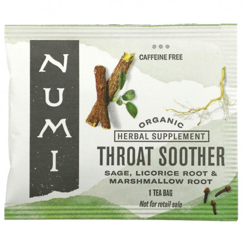 Numi Tea, Organic, успокаивающее средство для горла, без кофеина, 16 чайных пакетиков без ГМО, 32 г (1,13 унции)