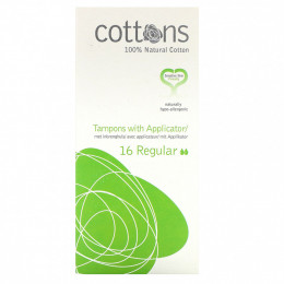 Cottons, 100% натуральный хлопок, тампоны с аппликатором, обычные, 16 тампонов