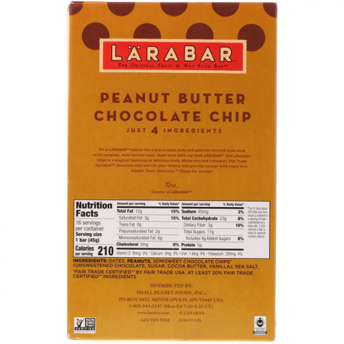 Larabar, The Original Fruit & Nut Food Bar, шоколадная крошка с арахисовой пастой, 16 батончиков по 45 г (1,6 унции)