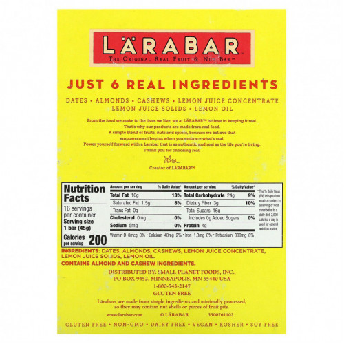 Larabar, The Original Fruit & Nut Food Bar, лимонный батончик, 16 батончиков по 45 г (1,6 унции)