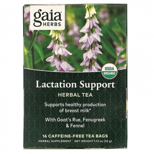 Gaia Herbs, травяной чай для повышения лактации, без кофеина, 16 чайных пакетиков, 32 г (1,13 унции)