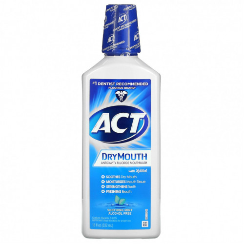 Act, Dry Mouth, фторсодержащий ополаскиватель для рта с ксилитолом, без спирта, успокаивающая мята, 532 мл (18 жидк. унций)