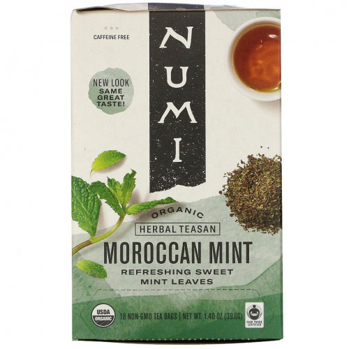 Numi Tea, Organic Herbal Teasan, марокканская мята, без кофеина, 18 чайных пакетиков, 39,6 г (1,40 унции)