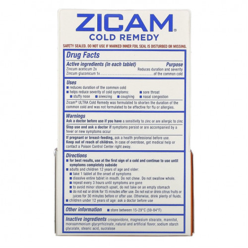 Zicam, Ultra Cold Remedy, RapidMelts, со вкусом апельсинового крема, 18 быстрорастворимых таблеток