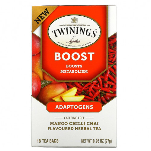 Twinings, Boost, адаптогены, травяной чай со вкусом манго и чили, без кофеина, 18 чайных пакетиков, 27 г (0,95 унции)