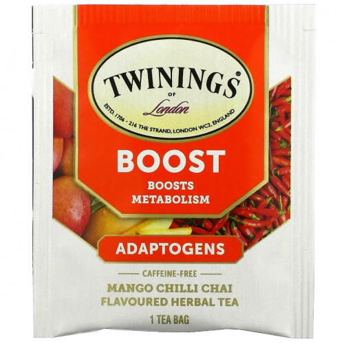 Twinings, Boost, адаптогены, травяной чай со вкусом манго и чили, без кофеина, 18 чайных пакетиков, 27 г (0,95 унции)