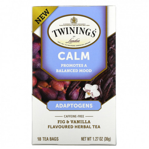 Twinings, Calm, адаптогены, травяной чай со вкусом инжира и ванили, без кофеина, 18 чайных пакетиков, 36 г (1,27 унции)