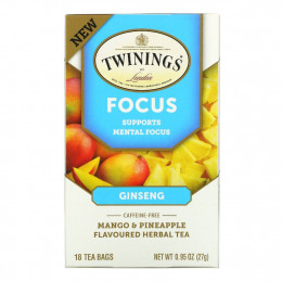 Twinings, Focus Herbal Tea, травяной чай с женьшенем, манго и ананасом, без кофеина, 18 чайных пакетиков, 27 г (0,95 унции)