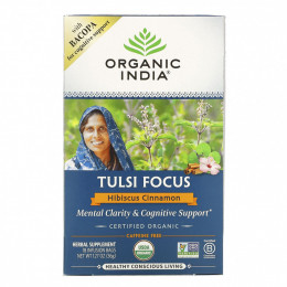 Organic India, Tulsi Focus с бакопой, гибискусом и корицей, без кофеина, 18 пакетиков для настоя, 36 г (1,27 унции)