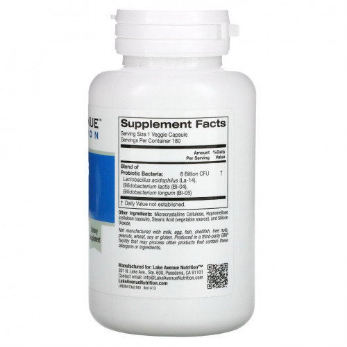 Lake Avenue Nutrition, Acidophilus и Bifidus, смесь пробиотиков, 8 млрд КОЕ, 180 растительных капсул