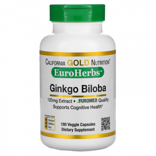 California Gold Nutrition, EuroHerbs, экстракт гинкго билоба, европейское качество, 120 мг, 180 растительных капсул