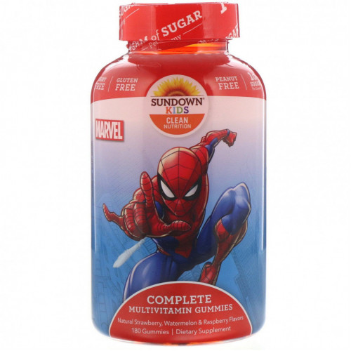 Sundown Naturals Kids, Компекс мультивитаминов в жевательных таблетках, Marvel Spiderman, с натуральными ароматизатороами клубники, арбуза и малины, 180 жевательных таблеток