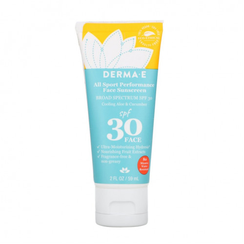 Derma E, All Sport Performance Face Sunscreen, солнцезащитное средство с SPF 30, спортивная серия, охлаждающие алоэ и огурец, 59 мл (2 жидк. унции)