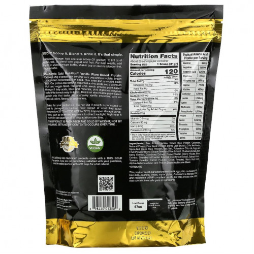 California Gold Nutrition, растительный протеин со вкусом ванили, веганский, легкоусвояемый, 907 г (2 фунта)