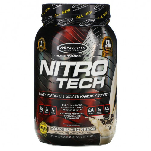 Muscletech, Nitro Tech, сывороточный изолят + смесь для набора сухой мышечной массы, вкус печенья с кремом, 907 г (2 фунта)