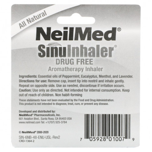 NeilMed, SinuInhaler, ароматерапевтический ингалятор, без лекарств, 2 ингалятора, 0,4 г (0,014 унции)