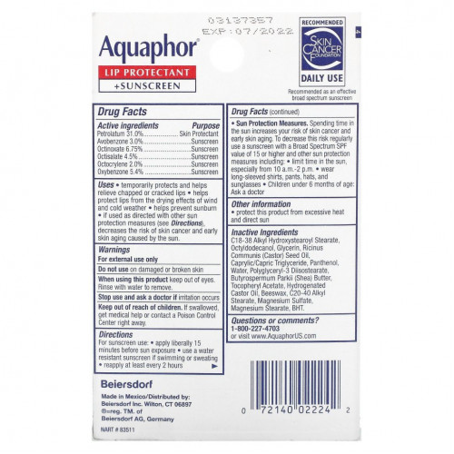 Aquaphor, Lip Protectant + Sunscreen, SPF 30, 2 Tubes, 0.35 fl oz (10 ml)