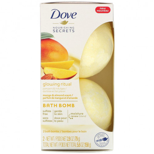 Dove, Nourishing Secrets, бомбы для ванн, манго и миндаль, 2 бомбы для ванн, 2,8 унции (79 г) каждая