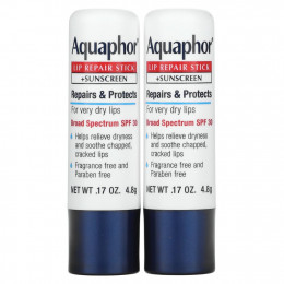 Aquaphor, Восстанавливающий стик для губ + солнцезащитный крем, SPF 30, без отдушек, двойной пакет, 2 стика по 4,8 г (0,17 унции)