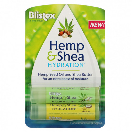 Blistex, Hemp & Shea, увлажняющее средство для губ, увлажнение, пина колада и ваниль и мята, 2 пакетика по 4,25 г (0,15 унции)