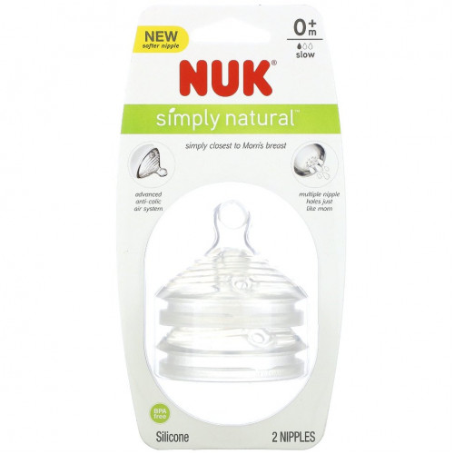 NUK, Simply Natural, соски для бутылочек с медленным потоком, от 0 месяцев, 2 соски