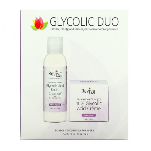 Reviva Labs, Glycolic Duo, крем с 10% гликолевой кислотой и очищающее средство для лица с гликолевой кислотой, 2 шт.