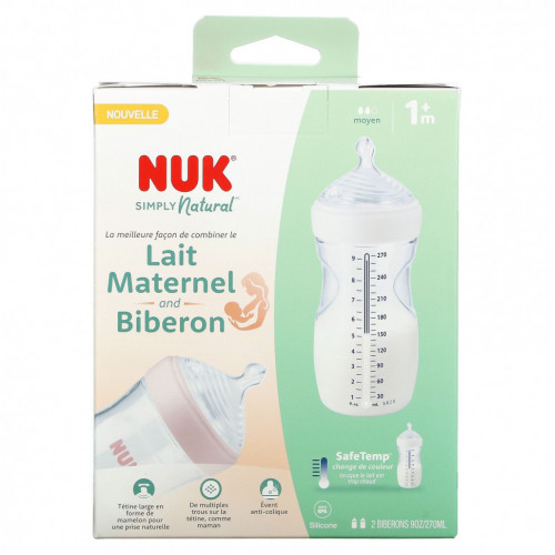 NUK, Simply Natural, детская бутылочка, для детей от 1 месяца, средняя, 2 бутылочки по 270 мл (9 унций)